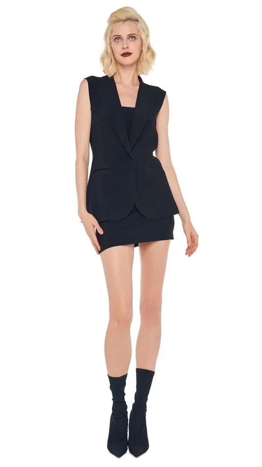 Norma Kamali Wardrobe STRAPLESS PICKLEBALL MINI DRESS With SLEEVELESS SINGLE BREASTED JACKET 8211 Clothing Norma Kamali Wardrobe STRAPLESS PICKLEBALL MINI DRESS With SLEEVELESS SINGLE BREASTED JACKET 8211 Clothing