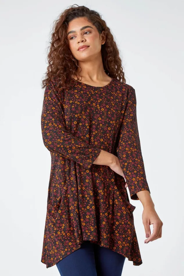 Ochre Ditsy Print Swing Stretch Top Women Roman Tops