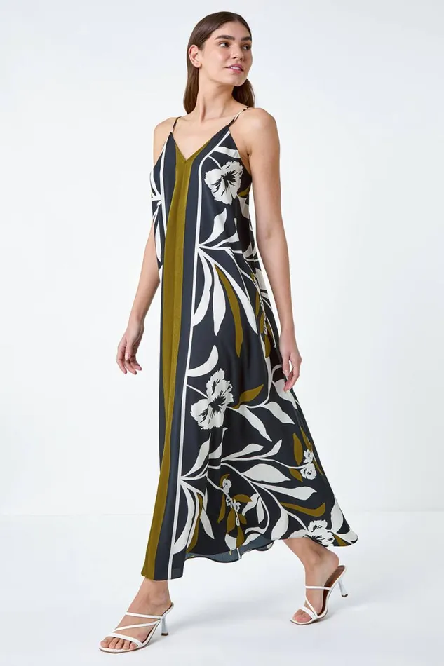 Olive Floral Border Print Strappy Trapeze Dress Women Roman Dresses