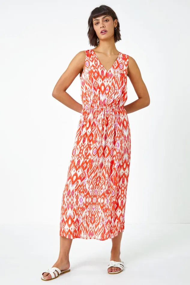 Orange Aztec Print Tie Back Maxi Dress Women Roman Dresses