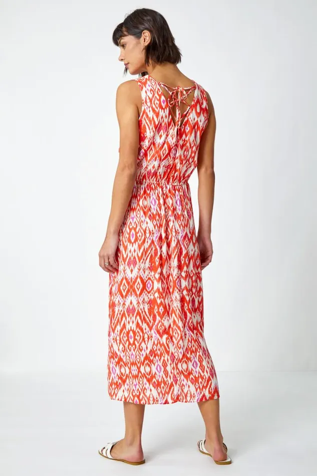 Orange Aztec Print Tie Back Maxi Dress Women Roman Dresses