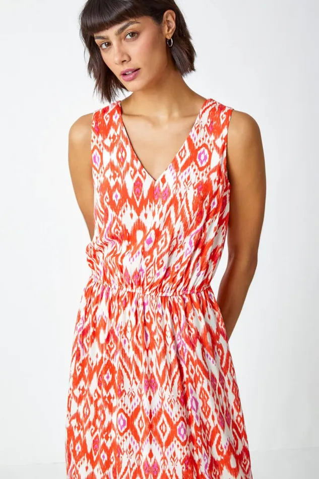 Orange Aztec Print Tie Back Maxi Dress Women Roman Dresses