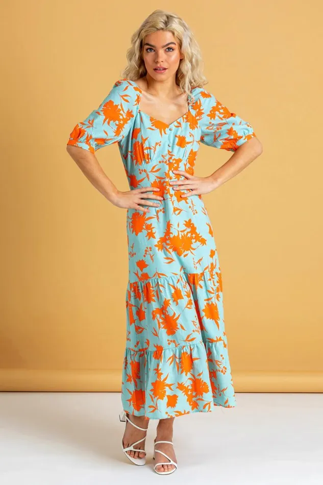 Orange Button Through Floral Print Midi Dress Women Roman Dresses