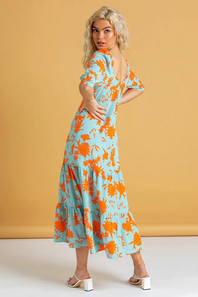 Orange Button Through Floral Print Midi Dress Women Roman Dresses