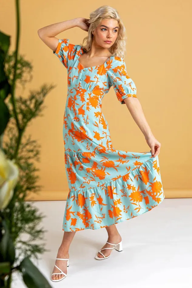 Orange Button Through Floral Print Midi Dress Women Roman Dresses