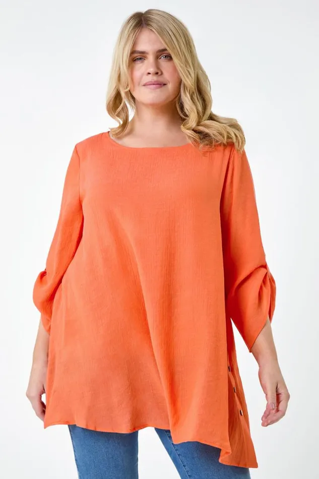 Orange Curve Button Detail Woven Top Women Roman Tops