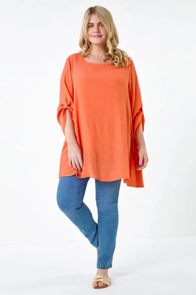 Orange Curve Button Detail Woven Top Women Roman Tops
