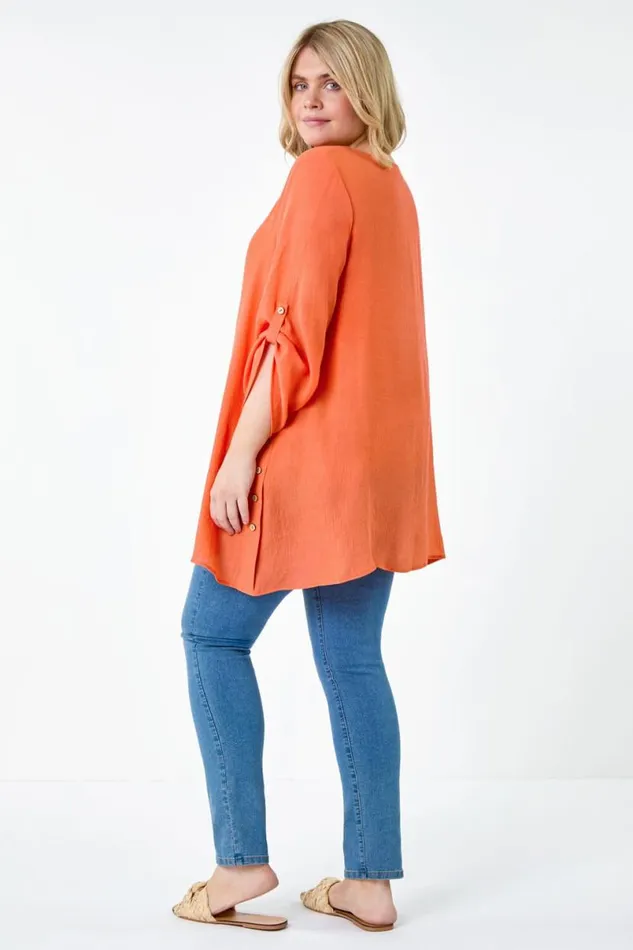 Orange Curve Button Detail Woven Top Women Roman Tops