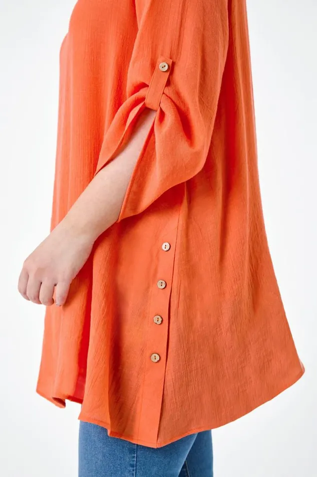 Orange Curve Button Detail Woven Top Women Roman Tops