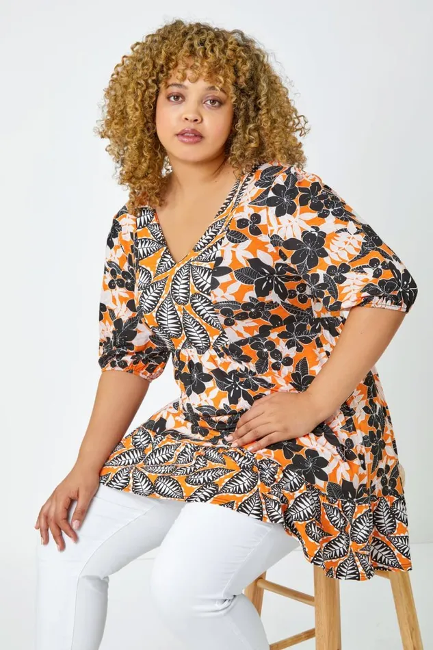 Orange Curve Leaf Print Tunic Top Women Roman Tops