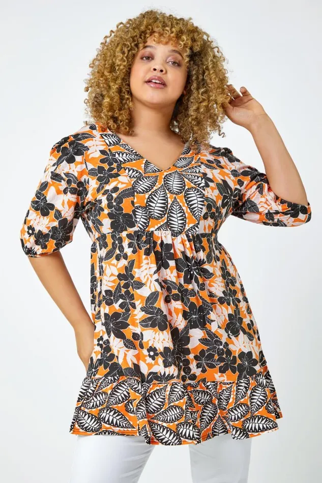 Orange Curve Leaf Print Tunic Top Women Roman Tops