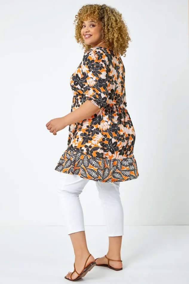 Orange Curve Leaf Print Tunic Top Women Roman Tops