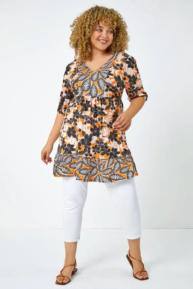 Orange Curve Leaf Print Tunic Top Women Roman Tops