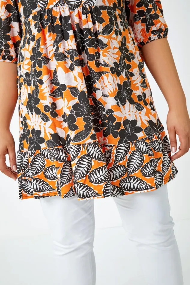 Orange Curve Leaf Print Tunic Top Women Roman Tops