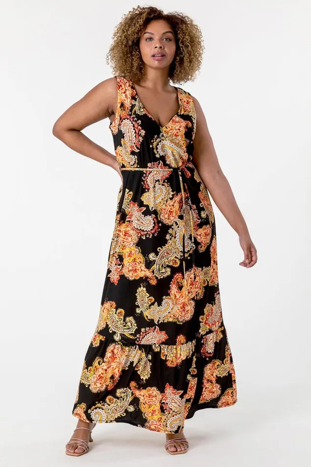 Orange Curve Paisley Print Maxi Dress Women Roman Dresses