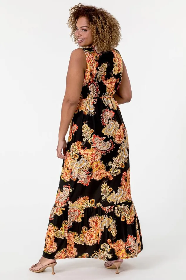 Orange Curve Paisley Print Maxi Dress Women Roman Dresses