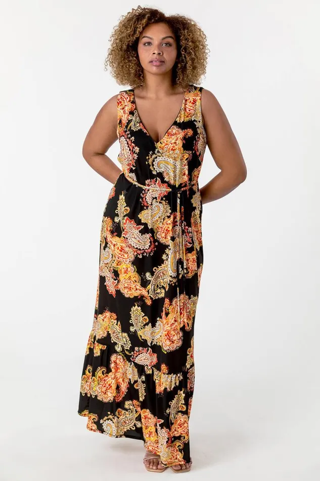 Orange Curve Paisley Print Maxi Dress Women Roman Dresses