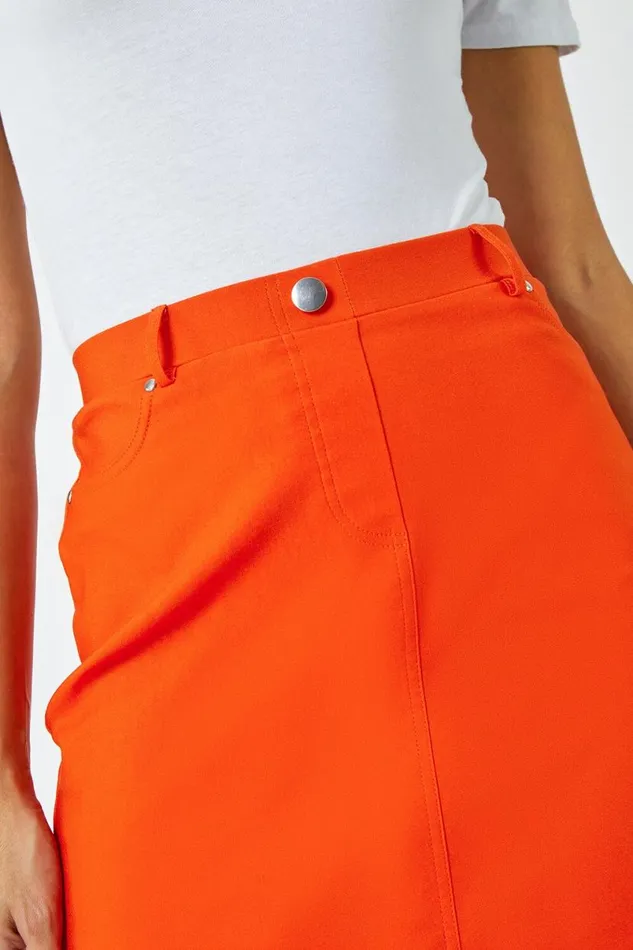 Orange Elastic Waist Straight Stretch Skirt Women Roman Skirts
