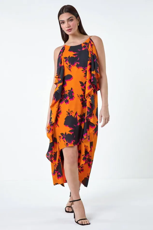 Orange Floral Chiffon Ruffle Detail Midi Dress Women Roman Dresses