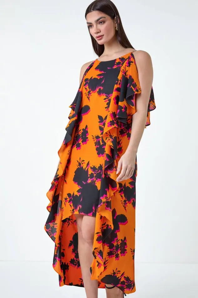 Orange Floral Chiffon Ruffle Detail Midi Dress Women Roman Dresses