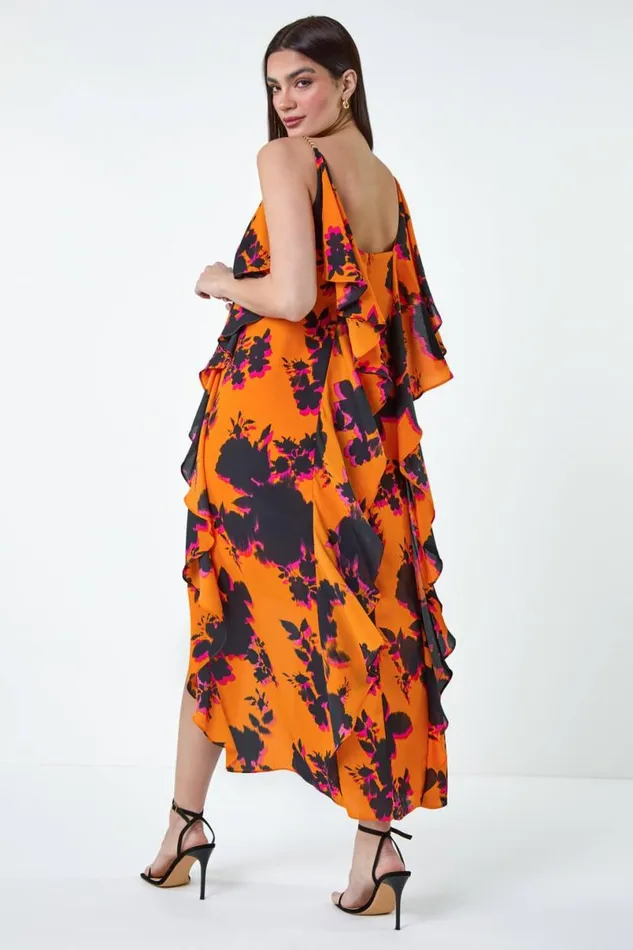 Orange Floral Chiffon Ruffle Detail Midi Dress Women Roman Dresses