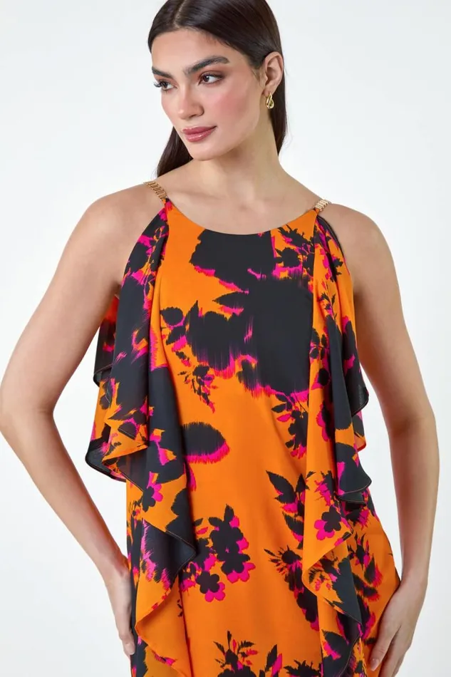 Orange Floral Chiffon Ruffle Detail Midi Dress Women Roman Dresses