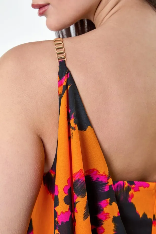 Orange Floral Chiffon Ruffle Detail Midi Dress Women Roman Dresses