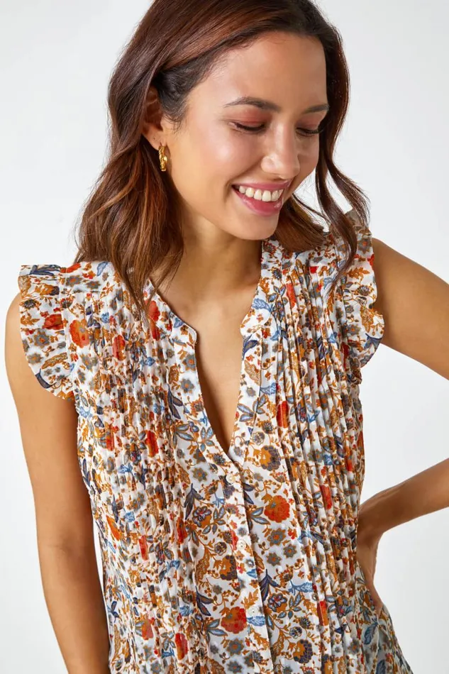 Orange Floral Print Pintuck Detail Chiffon Top Women Roman Tops