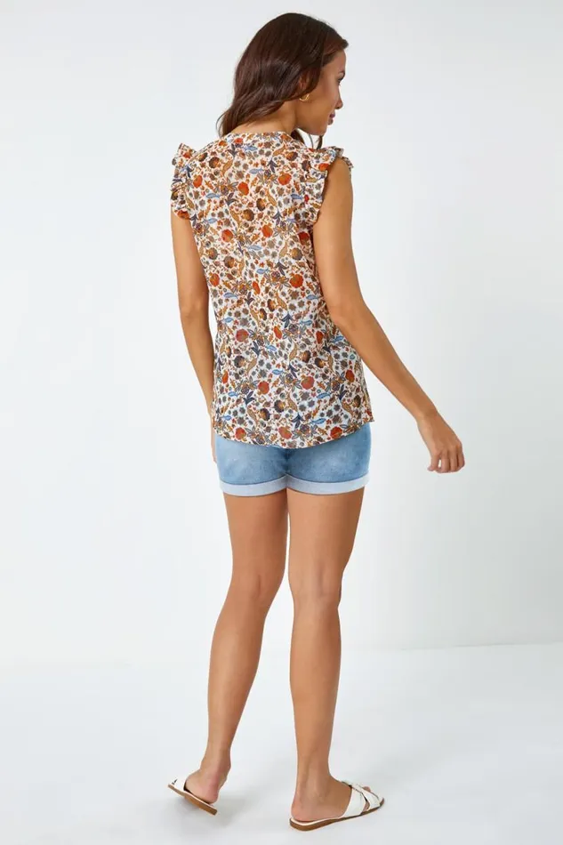 Orange Floral Print Pintuck Detail Chiffon Top Women Roman Tops