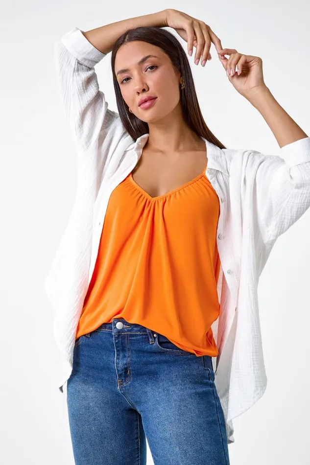 Orange Gathered VNeck Stretch Vest Top Women Roman Tops