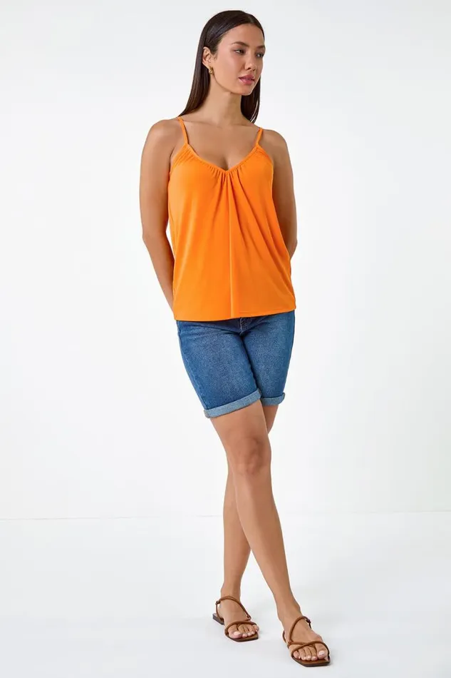 Orange Gathered VNeck Stretch Vest Top Women Roman Tops