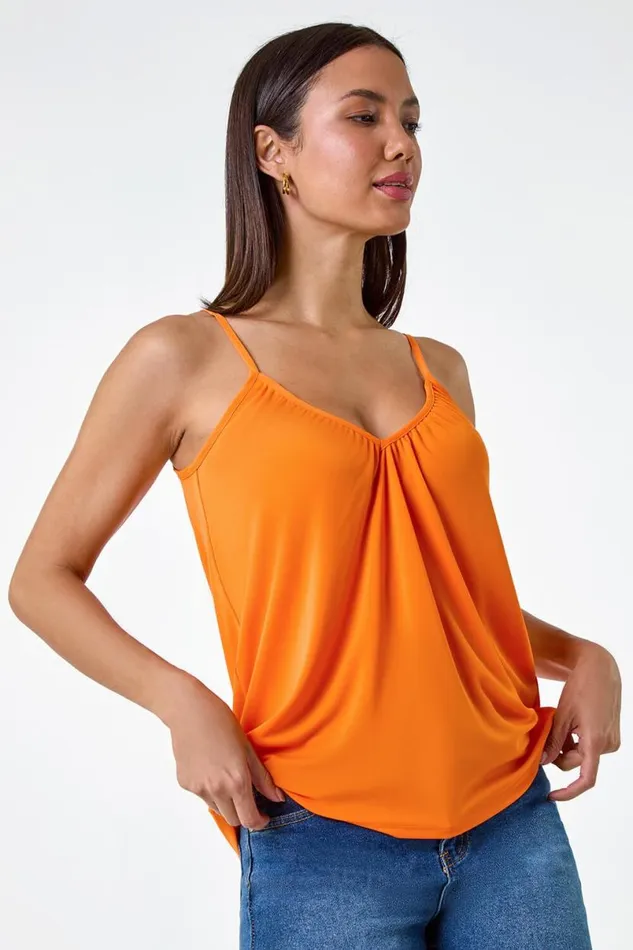 Orange Gathered VNeck Stretch Vest Top Women Roman Tops
