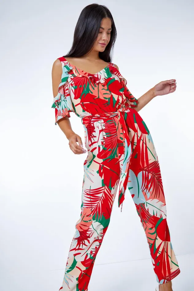 Orange Petite Tropical Print Frill Jumpsuit Women Roman Dresses