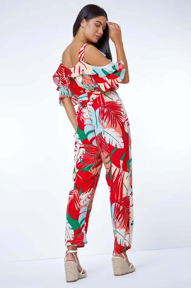 Orange Petite Tropical Print Frill Jumpsuit Women Roman Dresses