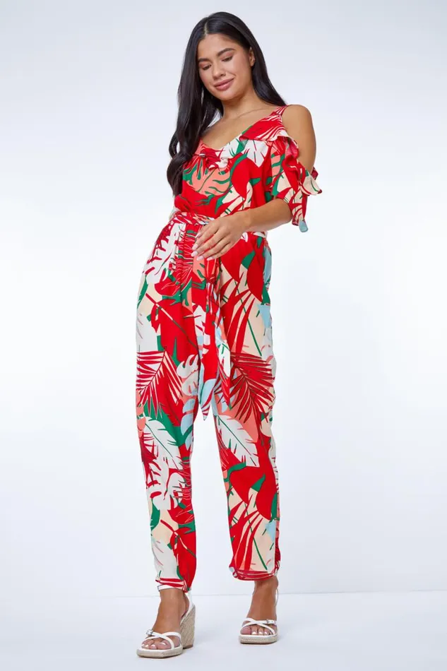 Orange Petite Tropical Print Frill Jumpsuit Women Roman Dresses