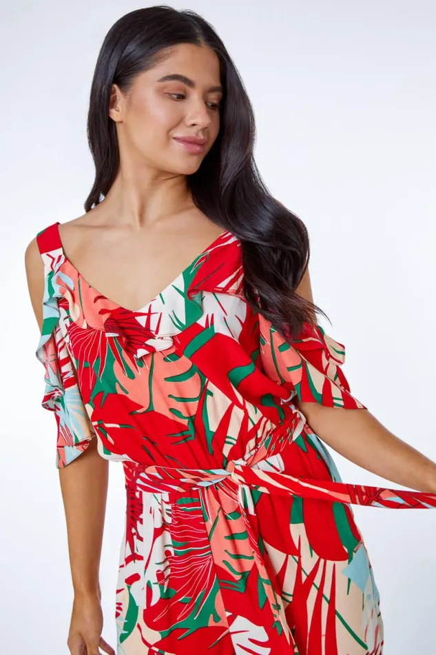 Orange Petite Tropical Print Frill Jumpsuit Women Roman Dresses