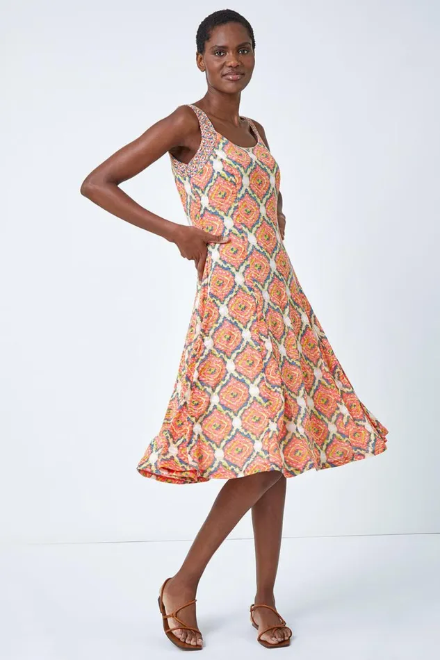 Orange Sleeveless Geometric Print Swing Dress Women Roman Dresses
