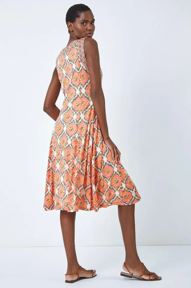 Orange Sleeveless Geometric Print Swing Dress Women Roman Dresses