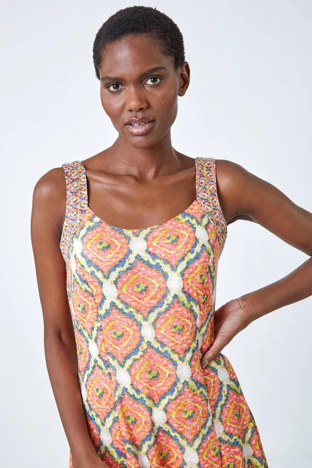 Orange Sleeveless Geometric Print Swing Dress Women Roman Dresses