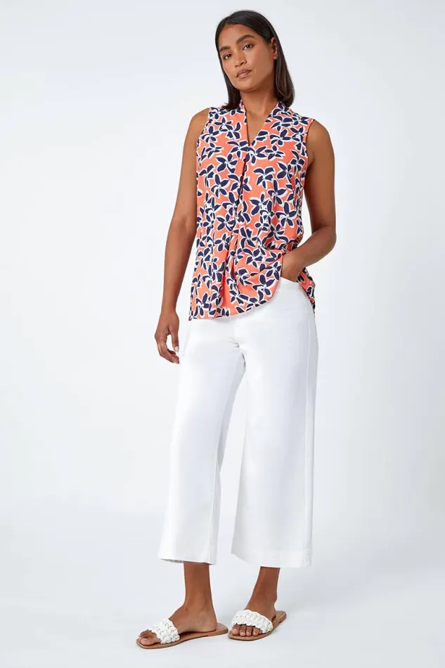 Orange Sleeveless VNeck Floral Print Stretch Top Women Roman Tops