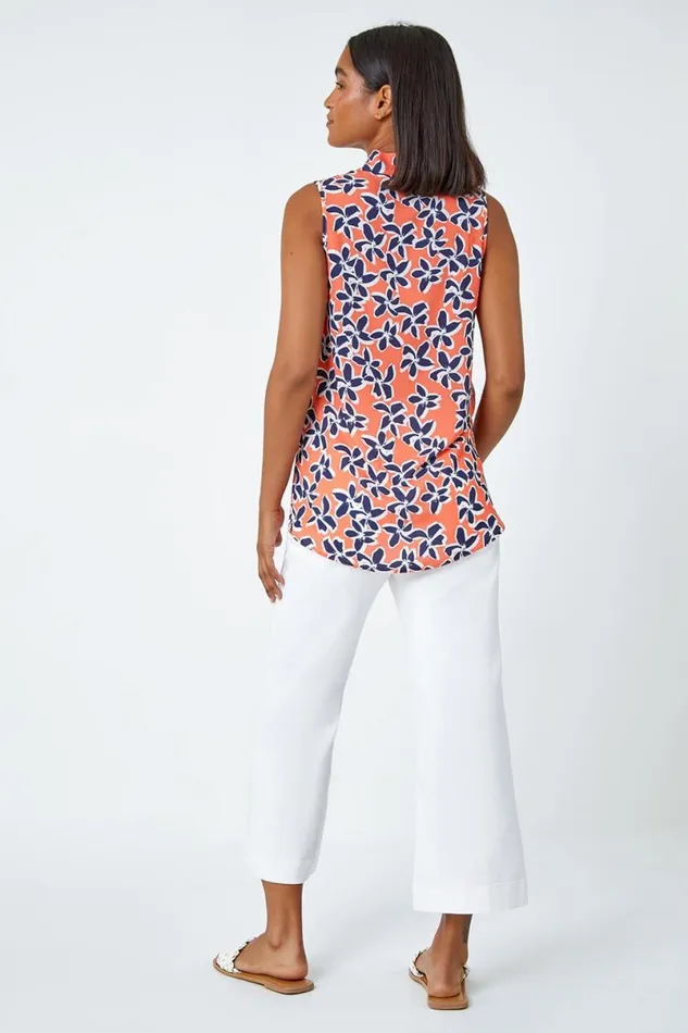 Orange Sleeveless VNeck Floral Print Stretch Top Women Roman Tops