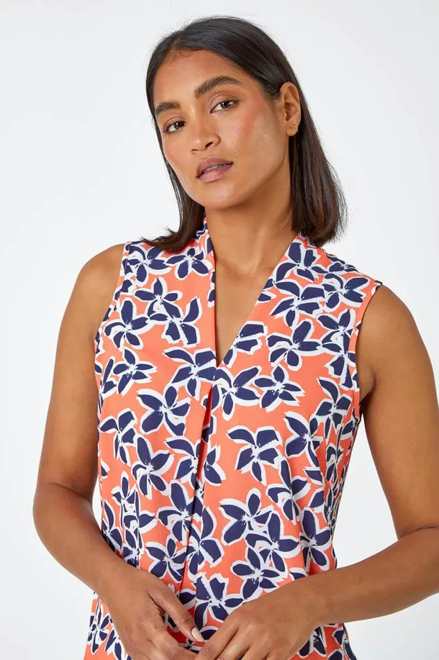 Orange Sleeveless VNeck Floral Print Stretch Top Women Roman Tops