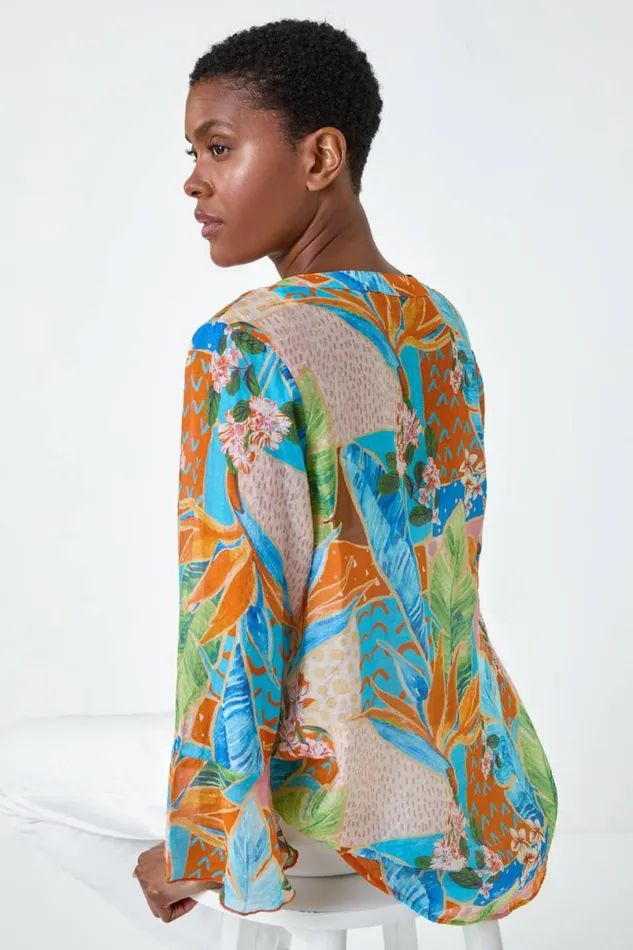 Orange Tropical Print Frill Sleeve Top Women Roman Tops