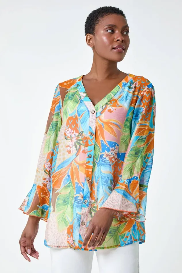 Orange Tropical Print Frill Sleeve Top Women Roman Tops