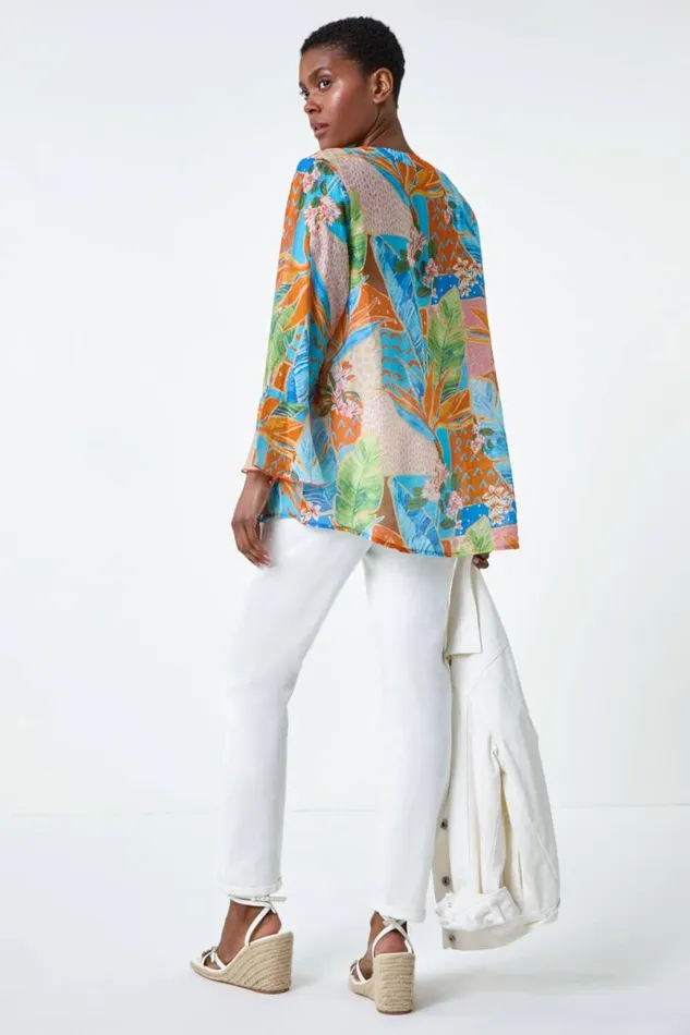 Orange Tropical Print Frill Sleeve Top Women Roman Tops