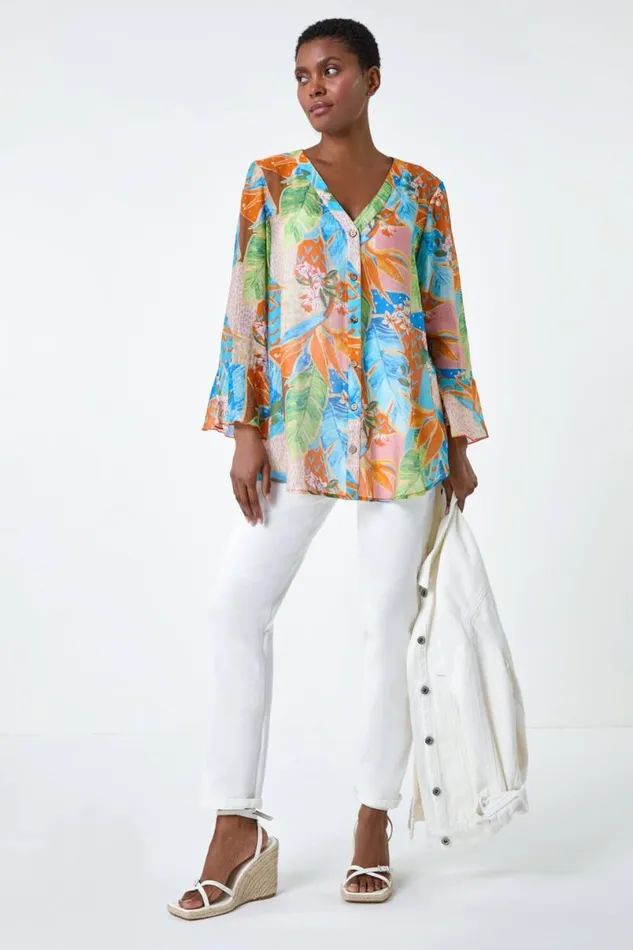 Orange Tropical Print Frill Sleeve Top Women Roman Tops