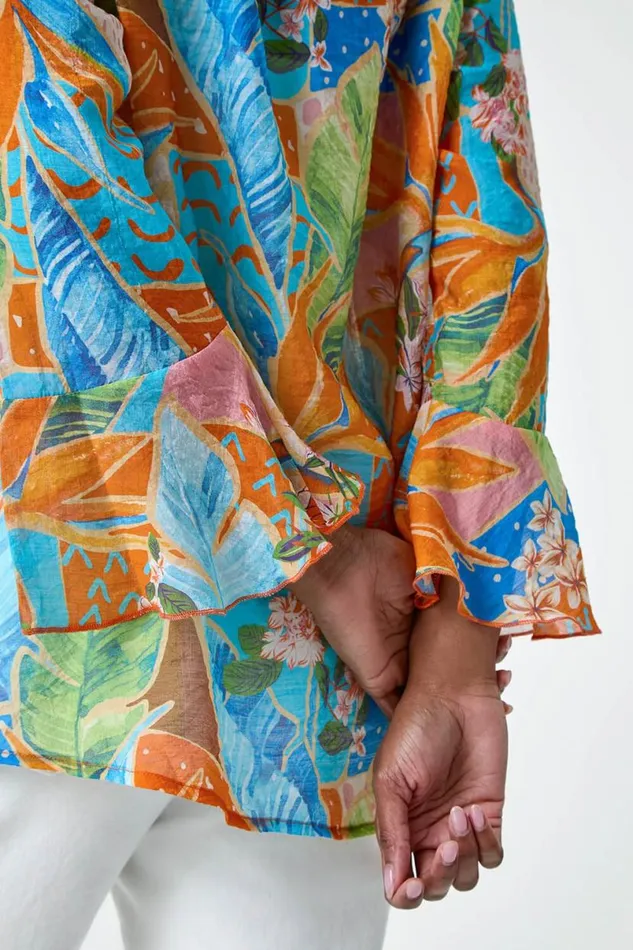 Orange Tropical Print Frill Sleeve Top Women Roman Tops