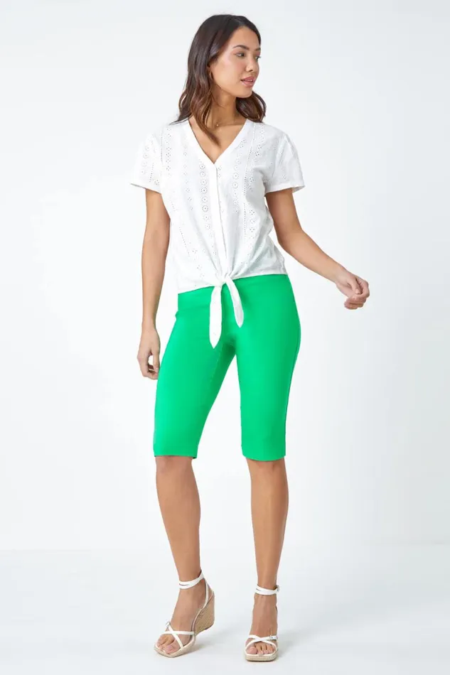 Pale Green Elastic Waist Knee Length Stretch Shorts Women Roman Coords