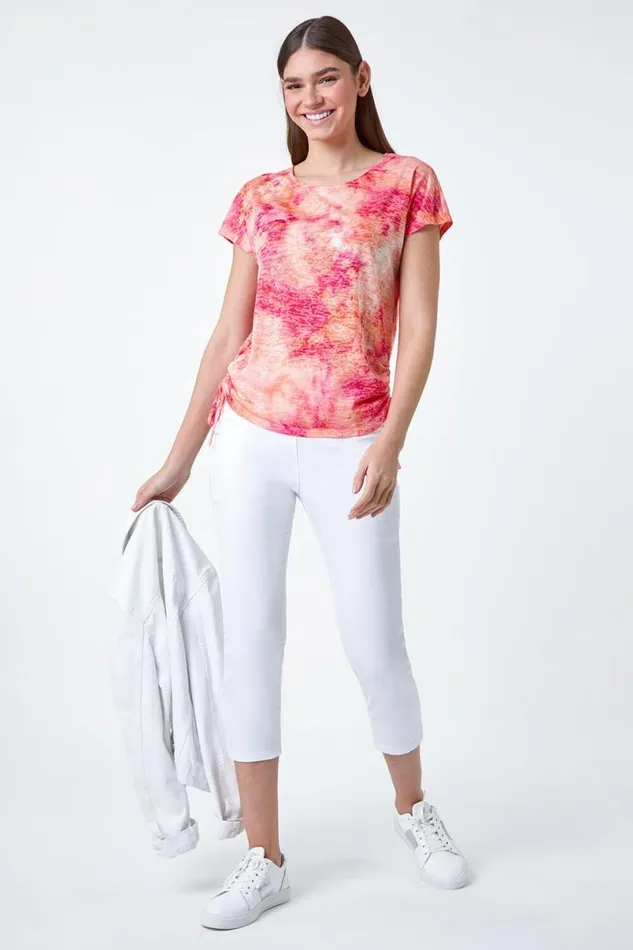 Peach Abstract Burnout Ruched Tie Stretch Top Women Roman Tops