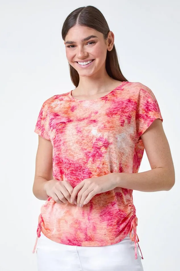 Peach Abstract Burnout Ruched Tie Stretch Top Women Roman Tops
